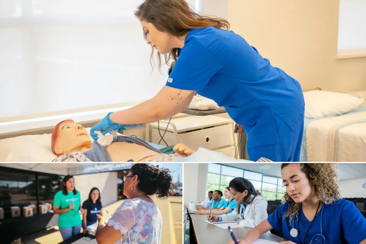 Trainees practicing patient care on a training mannequin, at a community outreach table, and in a classroom